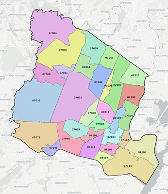 Essex County NJ ZIP code boundaries map