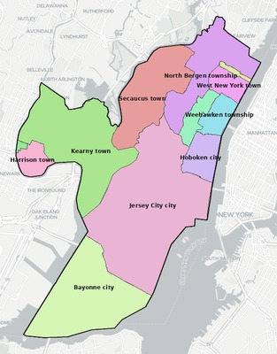 Hudson County NJ townships and subdivisions map