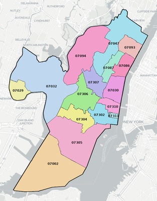 Hudson County NJ ZIP code boundaries map