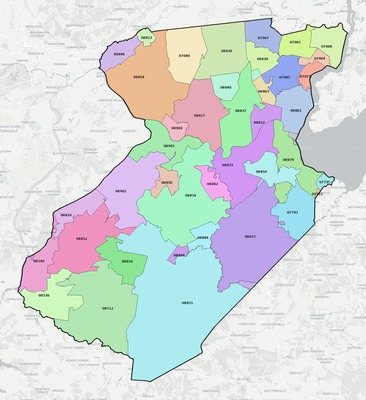Middlesex County NJ ZIP code boundaries map
