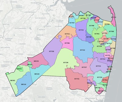 Monmouth County NJ ZIP code map preview