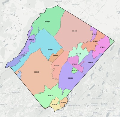 Sussex County NJ ZIP code boundaries map