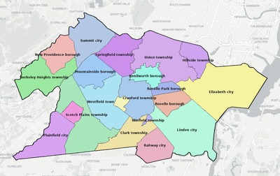 Union County NJ townships and subdivisions map