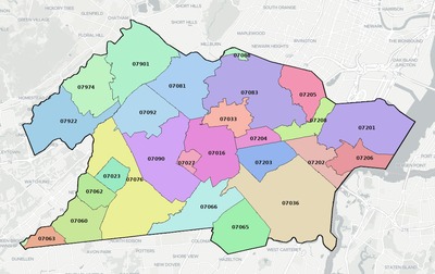 Union County NJ ZIP code boundaries map