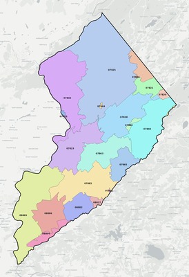 Warren County NJ ZIP code boundaries map