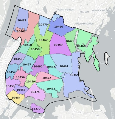 Bronx County NY ZIP code boundaries map