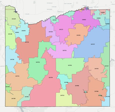 Cattaraugus County NY ZIP code boundaries map
