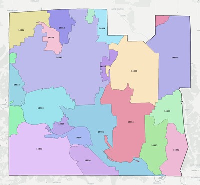 Chemung County NY ZIP code boundaries map