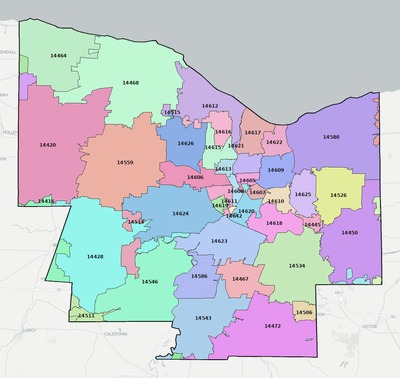 Monroe County NY ZIP code boundaries map