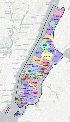 New York County NY ZIP code boundaries map