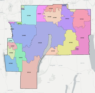 Ontario County NY ZIP code boundaries map