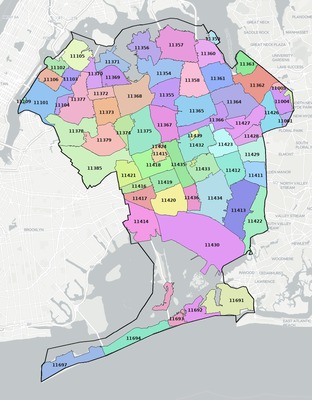 Queens County NY ZIP code boundaries map