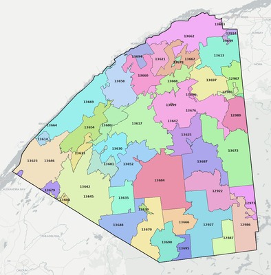 St. Lawrence County NY ZIP code boundaries map