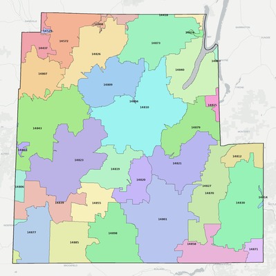 Steuben County NY ZIP code boundaries map