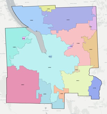 Tompkins County NY ZIP code boundaries map