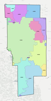 Ashland County OH ZIP code boundaries map