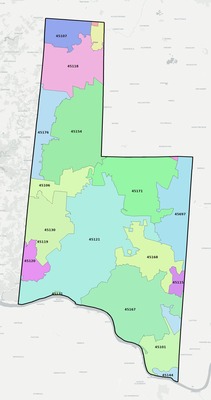 Brown County OH ZIP code boundaries map