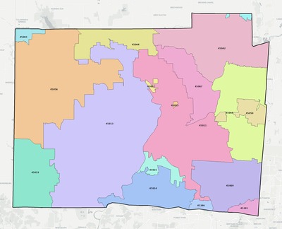 Butler County OH ZIP code boundaries map