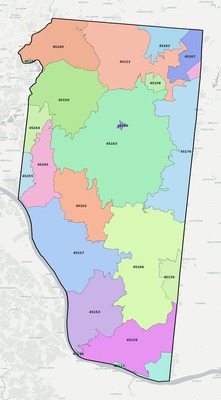 Clermont County OH ZIP code boundaries map