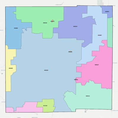 Crawford County OH ZIP code boundaries map