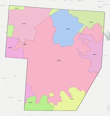 Fayette County OH ZIP code boundaries map