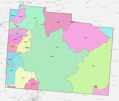 Greene County OH ZIP code boundaries map