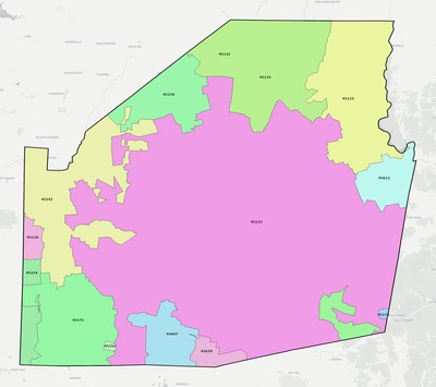 Highland County OH ZIP code boundaries map