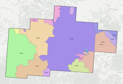 Hocking County OH ZIP code boundaries map