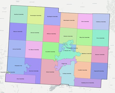 Licking County OH townships and subdivisions map