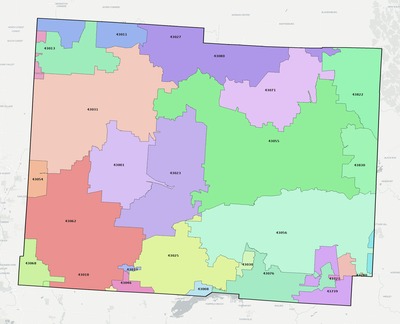 Licking County OH ZIP code boundaries map