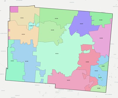 Logan County OH ZIP code boundaries map