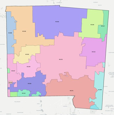 Miami County OH ZIP code boundaries map
