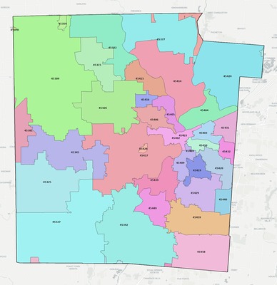 Montgomery County OH ZIP code boundaries map
