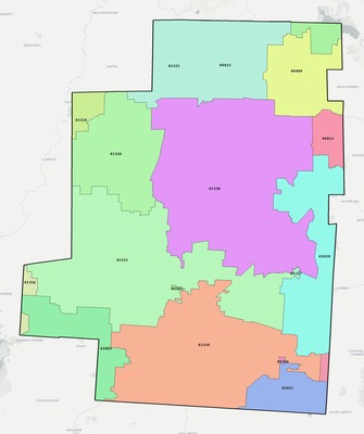 Morrow County OH ZIP code boundaries map