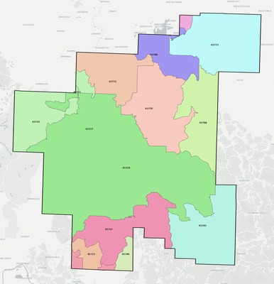 Noble County OH ZIP code boundaries map