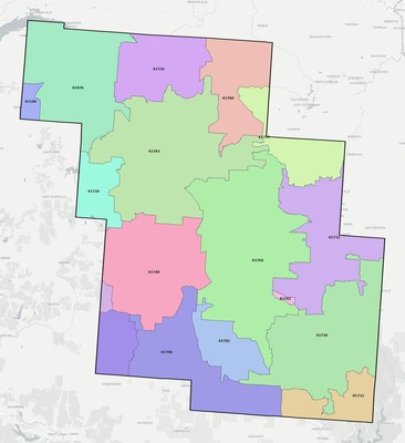 Perry County OH ZIP code boundaries map