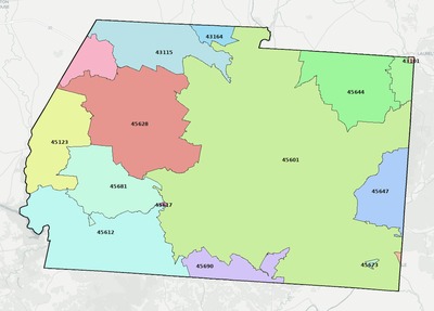 Ross County OH ZIP code boundaries map