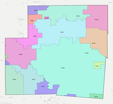 Shelby County OH ZIP code boundaries map