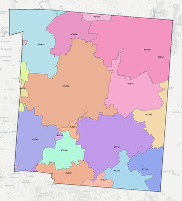 Warren County OH ZIP code boundaries map