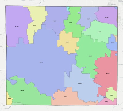 Wayne County OH ZIP code boundaries map