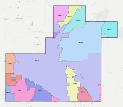 Atoka County OK ZIP code boundaries map