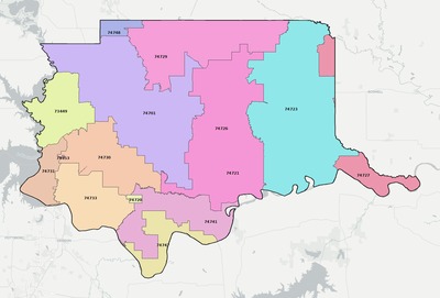 Bryan County OK ZIP code boundaries map
