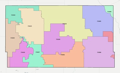 Custer County OK ZIP code boundaries map