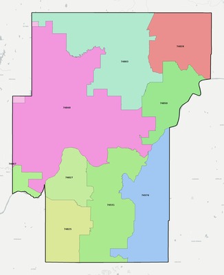 Hughes County OK ZIP code boundaries map