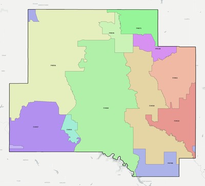 Johnston County OK ZIP code boundaries map