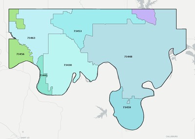 Love County OK ZIP code boundaries map