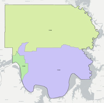 Marshall County OK ZIP code boundaries map