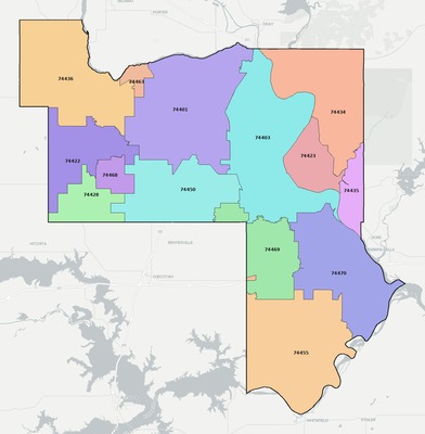 Muskogee County OK ZIP code boundaries map