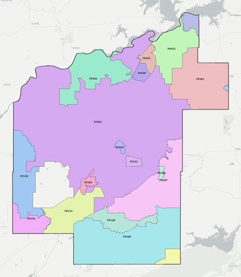 Pittsburg County OK ZIP code boundaries map