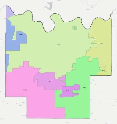 Pontotoc County OK ZIP code boundaries map